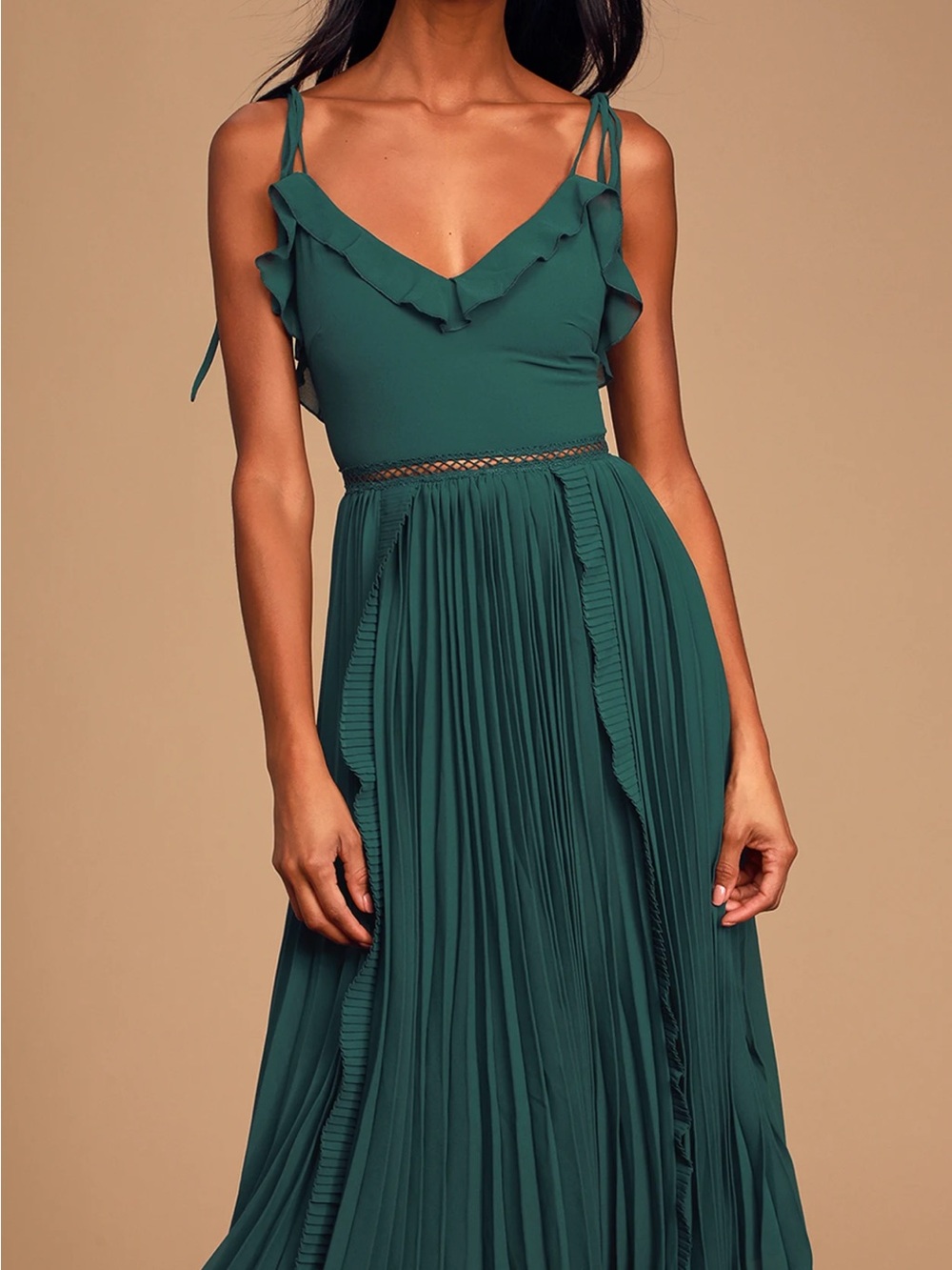 Lulu's Forest Green Ruffle Pleated Maxi Dress